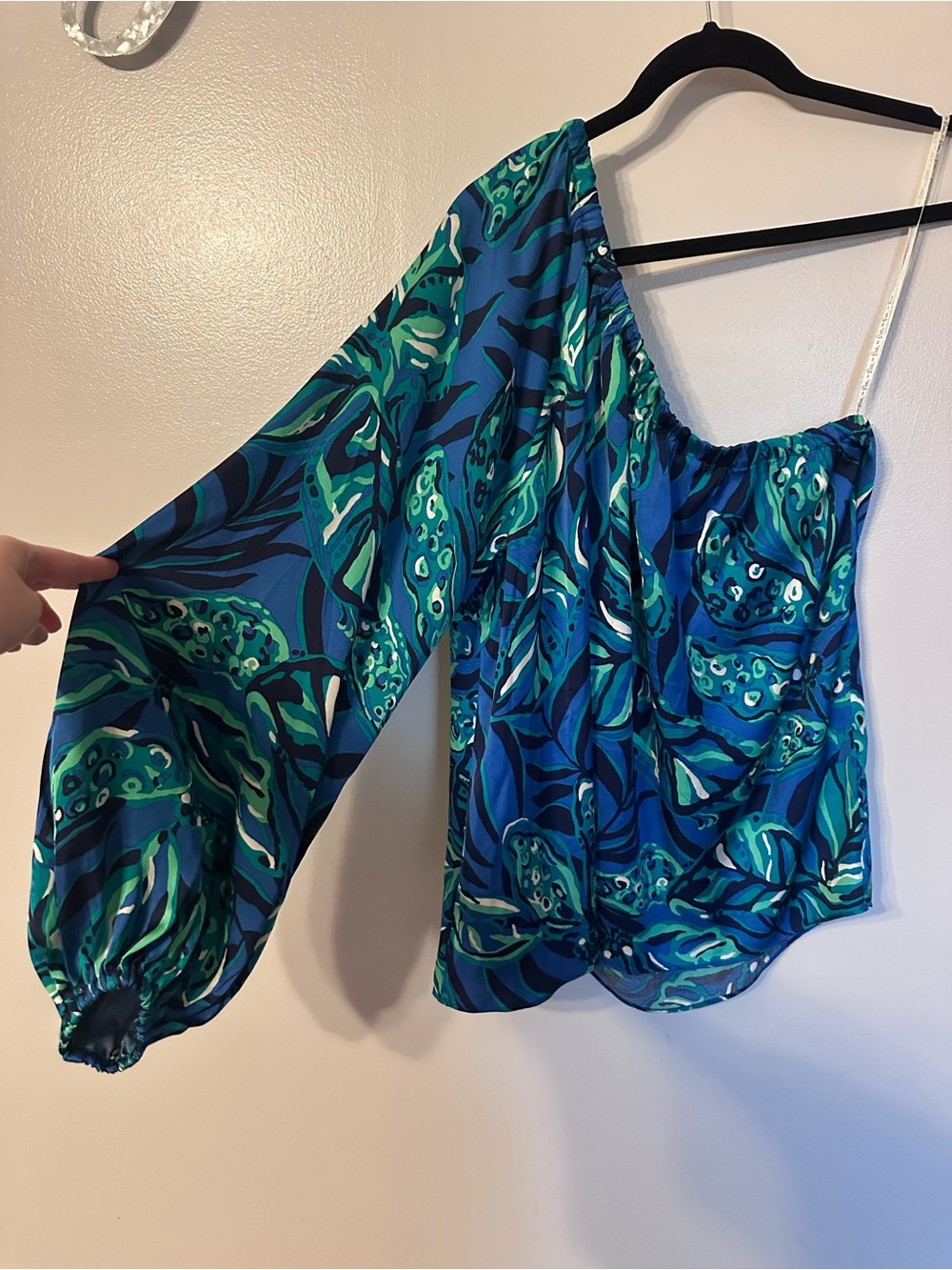 Lilly Pulitzer Indigo Breeze One-Shoulder Top  in Teal, Navy, Green